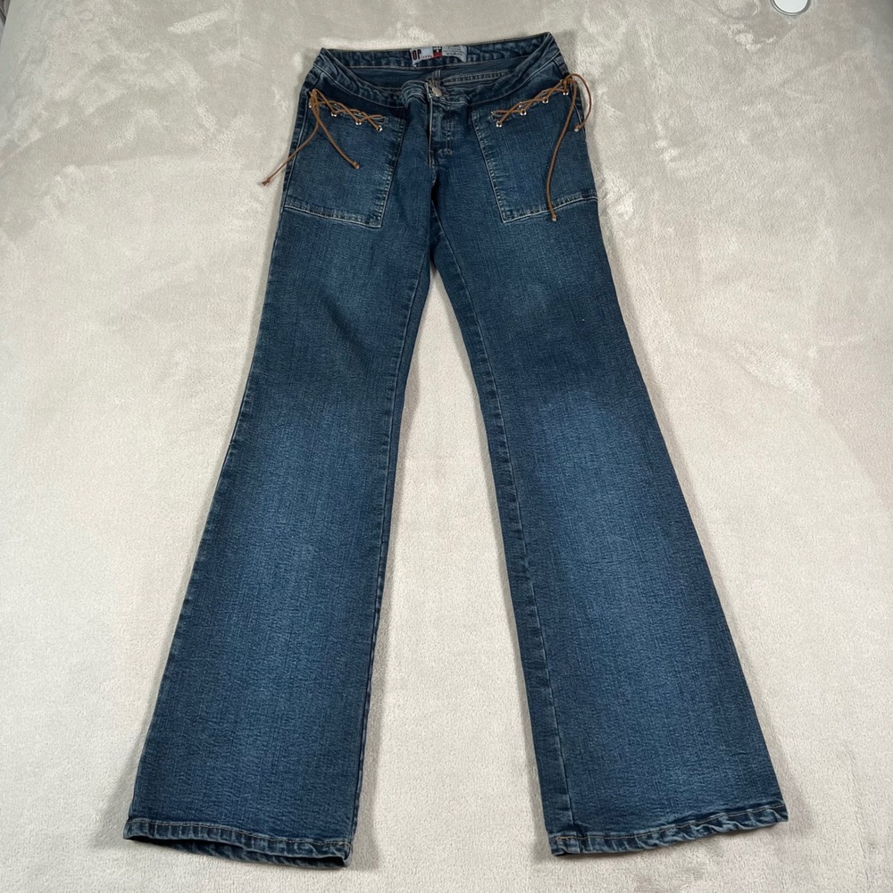 Y2K Top Model Jeans Women's Size 9 Blue Low Rise Flare Lace Up Front Denim Boho